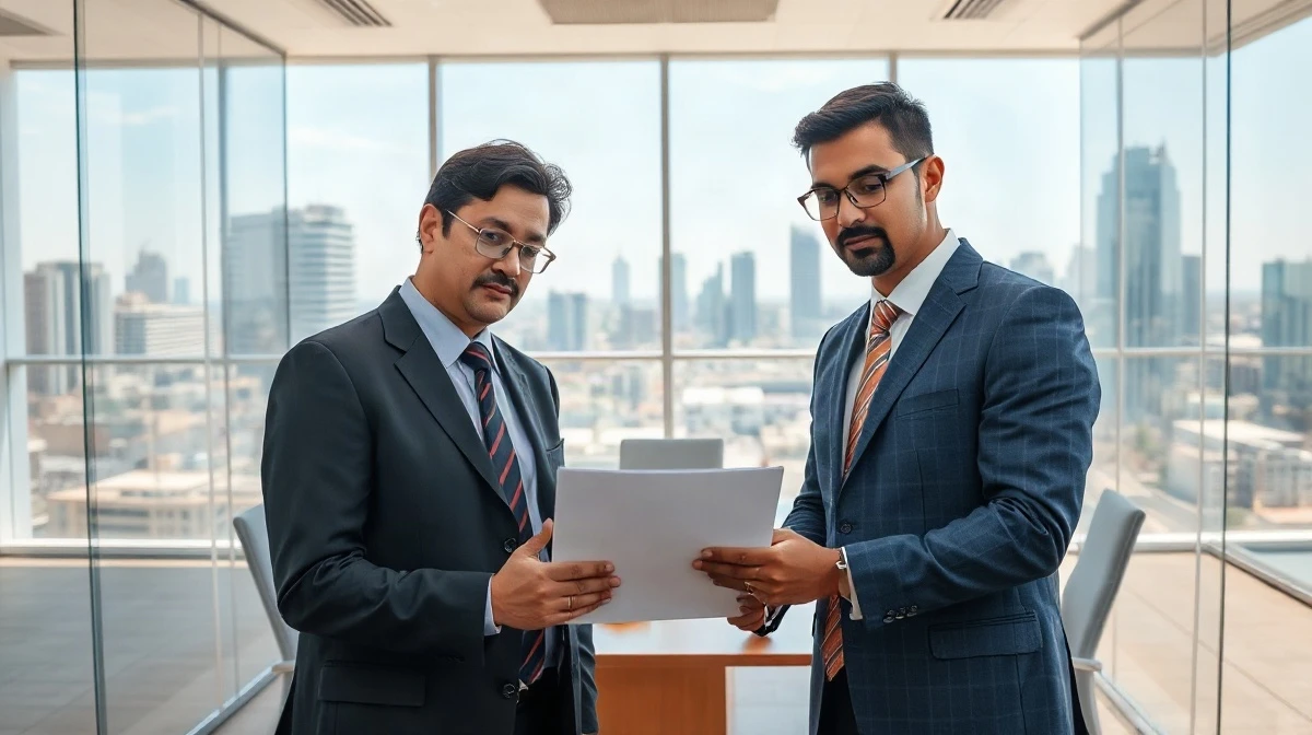 Business professionals reviewing documents in a Bengaluru office, representing the Unacademy-upGrad acquisition.