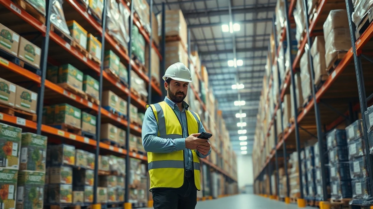 Warehouse worker scanning organic grocery products at a United Natural Foods distribution center
