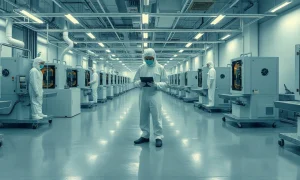Workers in protective suits operating semiconductor equipment inside a chip fabrication cleanroom