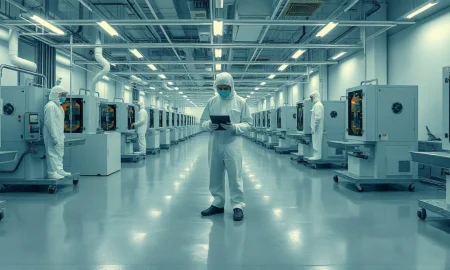 Workers in protective suits operating semiconductor equipment inside a chip fabrication cleanroom
