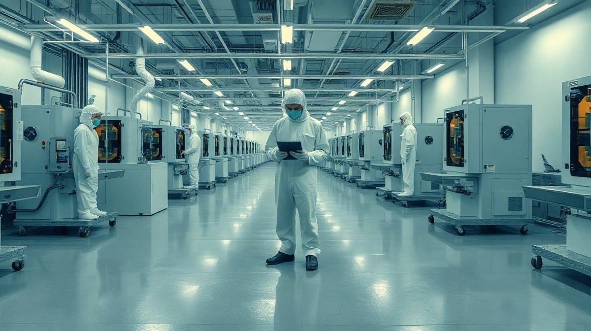 Workers in protective suits operating semiconductor equipment inside a chip fabrication cleanroom