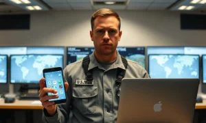U.S. military service member holding smartphone and laptop with privacy settings visible