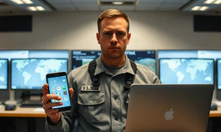 U.S. military service member holding smartphone and laptop with privacy settings visible
