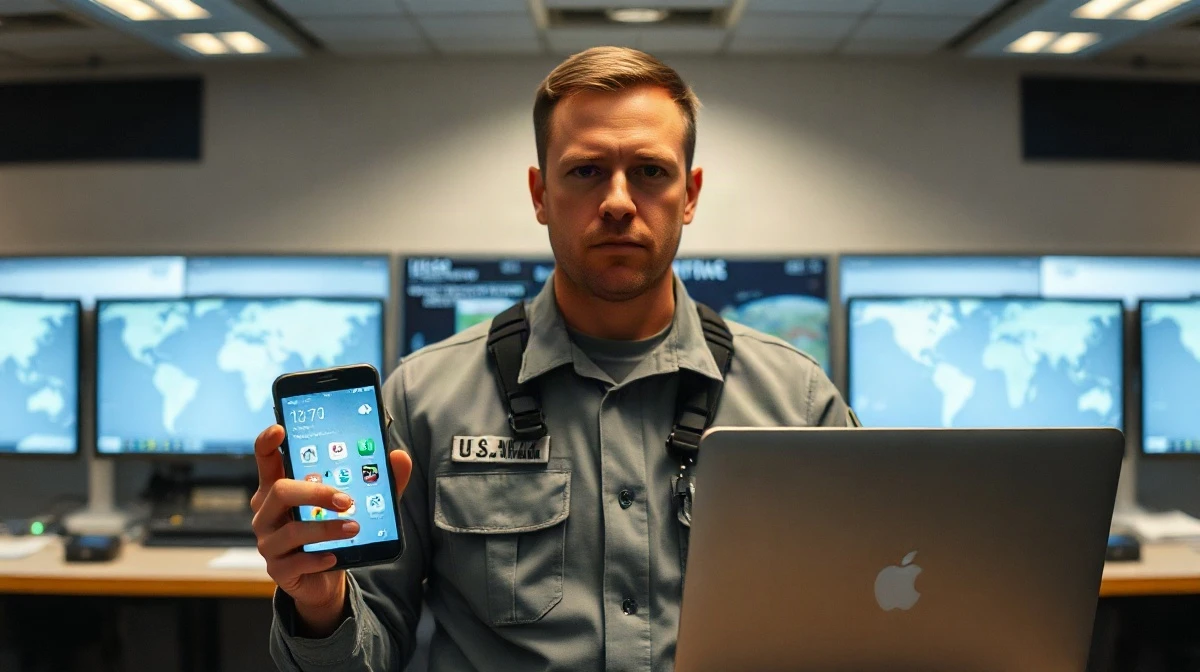 U.S. military service member holding smartphone and laptop with privacy settings visible