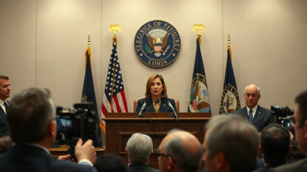 Jeanine Pirro speaks at a press conference announcing sanctions against Xinbi Guarantee on Sept. 9, 2026