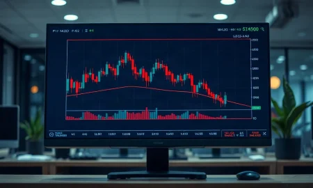Trading screen showing a declining USD/CAD chart in a modern financial office