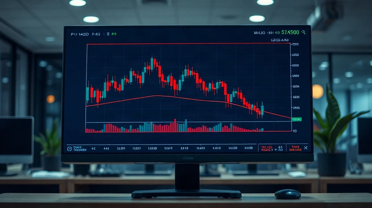Trading screen showing a declining USD/CAD chart in a modern financial office