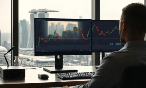 Analyst monitors USD/SGD chart with Singapore skyline in background