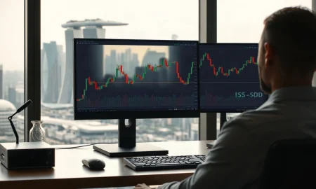 Analyst monitors USD/SGD chart with Singapore skyline in background