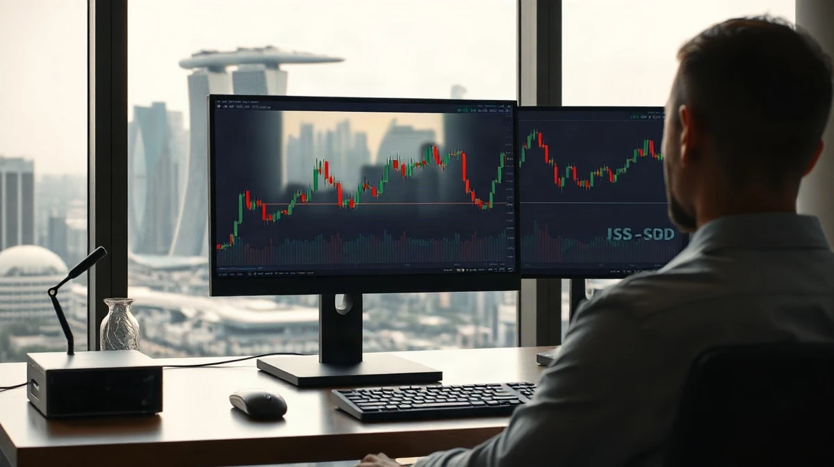 Analyst monitors USD/SGD chart with Singapore skyline in background