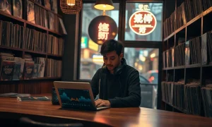 Person using a music-making app on a laptop at a wooden counter in a dimly lit Shibuya vinyl bar