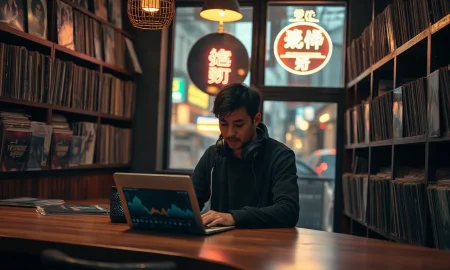 Person using a music-making app on a laptop at a wooden counter in a dimly lit Shibuya vinyl bar