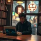 Person using a music-making app on a laptop at a wooden counter in a dimly lit Shibuya vinyl bar