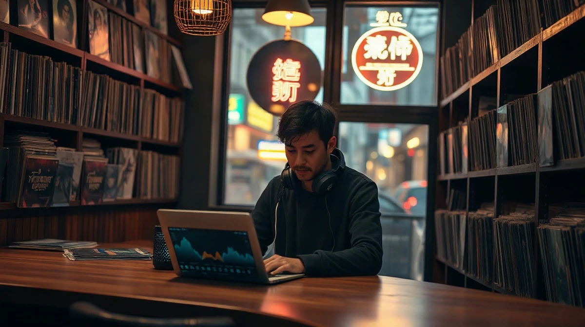 Person using a music-making app on a laptop at a wooden counter in a dimly lit Shibuya vinyl bar