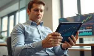 Analyst reviewing financial charts on tablet in office setting