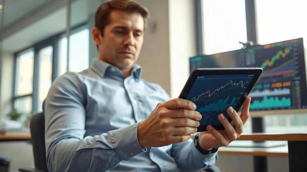 Analyst reviewing financial charts on tablet in office setting