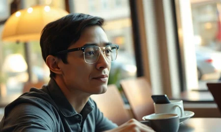 Person wearing slim display-free smart glasses with a small indicator light on the temple arm