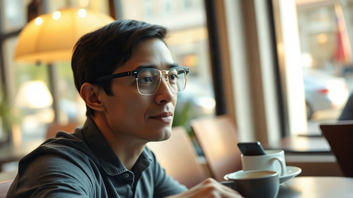 Person wearing slim display-free smart glasses with a small indicator light on the temple arm