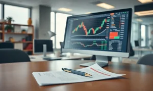 Financial analyst workspace with stock chart on monitor and analyst report documents