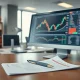 Financial analyst workspace with stock chart on monitor and analyst report documents