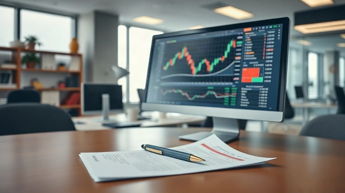 Financial analyst workspace with stock chart on monitor and analyst report documents