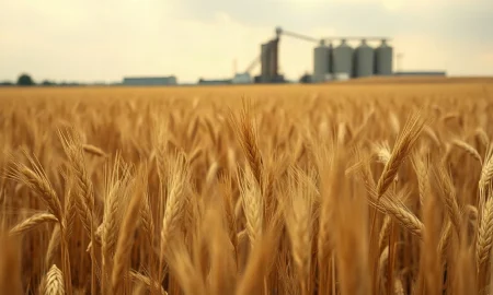 Golden wheat field in the foreground with a grain elevator in the distance under an overcast sky