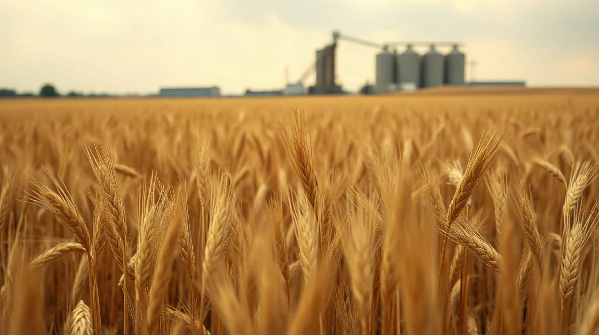 Golden wheat field in the foreground with a grain elevator in the distance under an overcast sky