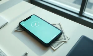 Smartphone showing X Money payment confirmation interface with cash on a desk