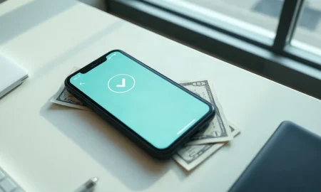 Smartphone showing X Money payment confirmation interface with cash on a desk