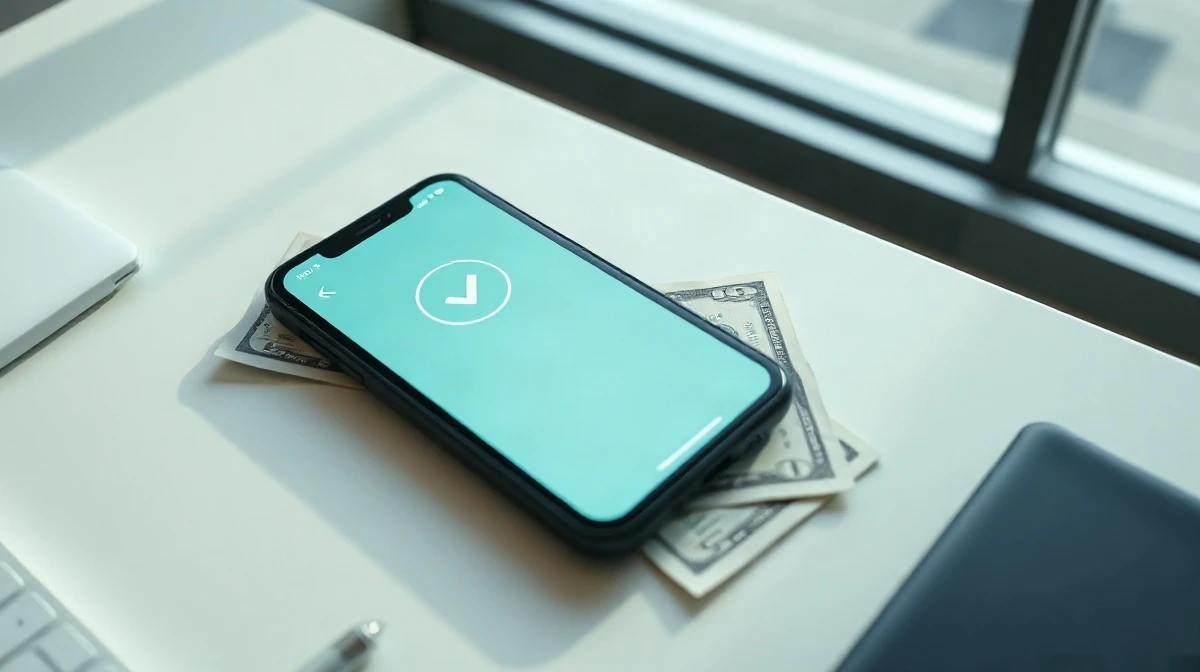 Smartphone showing X Money payment confirmation interface with cash on a desk