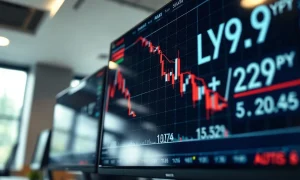 USD/JPY exchange rate chart on a trading screen with Japanese yen symbols in focus