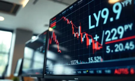 USD/JPY exchange rate chart on a trading screen with Japanese yen symbols in focus
