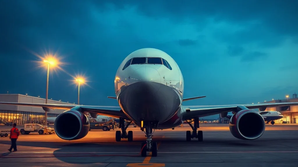 Commercial jet at an airport gate at dusk with a fuel truck alongside