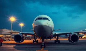 Commercial jet at an airport gate at dusk with a fuel truck alongside