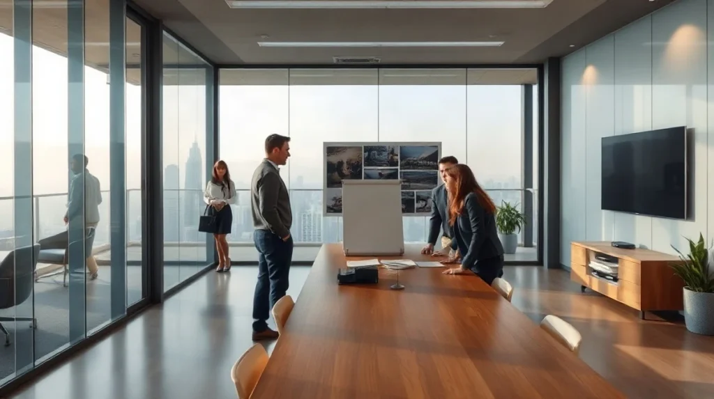 People reviewing documents in a glass-walled meeting room at an office
