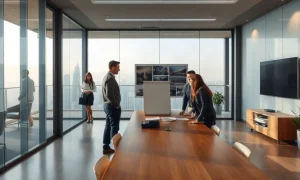 People reviewing documents in a glass-walled meeting room at an office