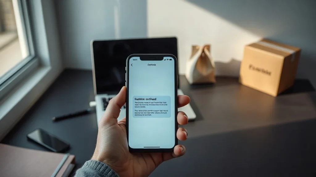 Smartphone on a desk showing an unread app notification beside a laptop and parcel
