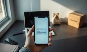 Smartphone on a desk showing an unread app notification beside a laptop and parcel