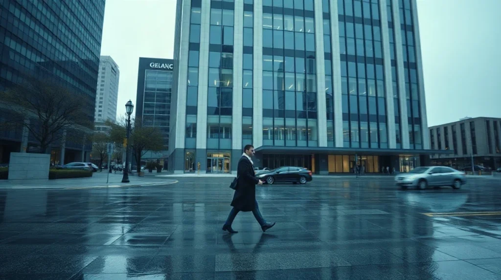 Bank tower at street level on an overcast morning as a pedestrian walks past