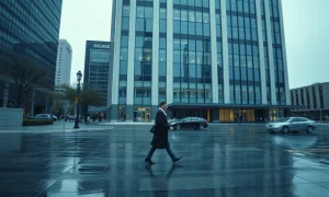 Bank tower at street level on an overcast morning as a pedestrian walks past