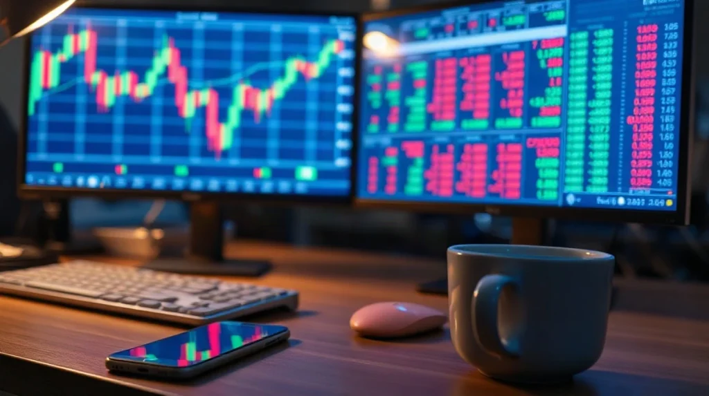 Night trading desk with monitors showing stock charts and crypto tickers