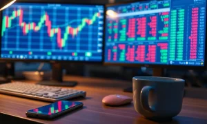 Night trading desk with monitors showing stock charts and crypto tickers