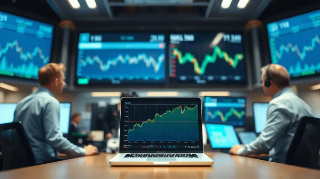 Trader watches a rising price chart on a laptop screen on a New York trading desk