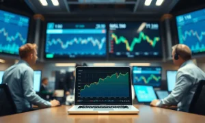 Trader watches a rising price chart on a laptop screen on a New York trading desk