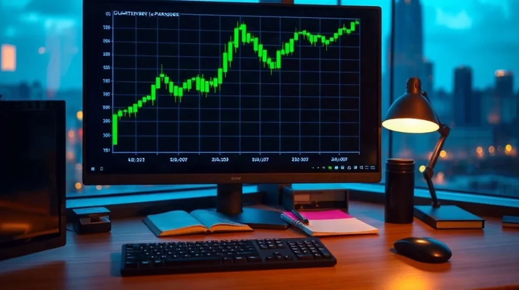 Trading monitor showing a rising green quarterly Bitcoin price chart at a desk at dusk