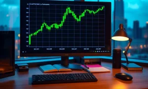 Trading monitor showing a rising green quarterly Bitcoin price chart at a desk at dusk