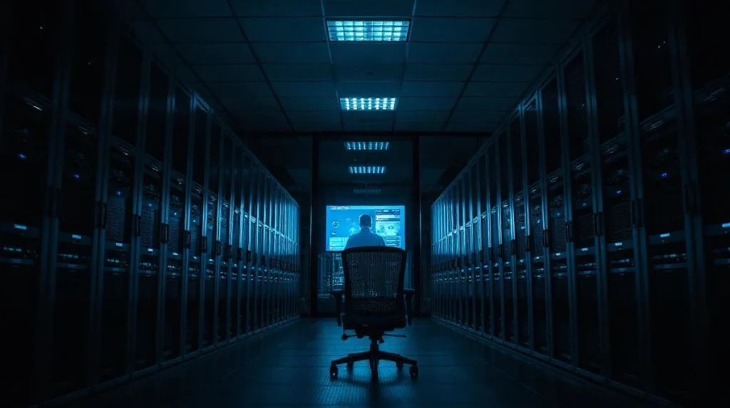 Dark data center hall with lit server racks and an empty office chair, representing the Bitget exchange hack investigation