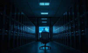 Dark data center hall with lit server racks and an empty office chair, representing the Bitget exchange hack investigation