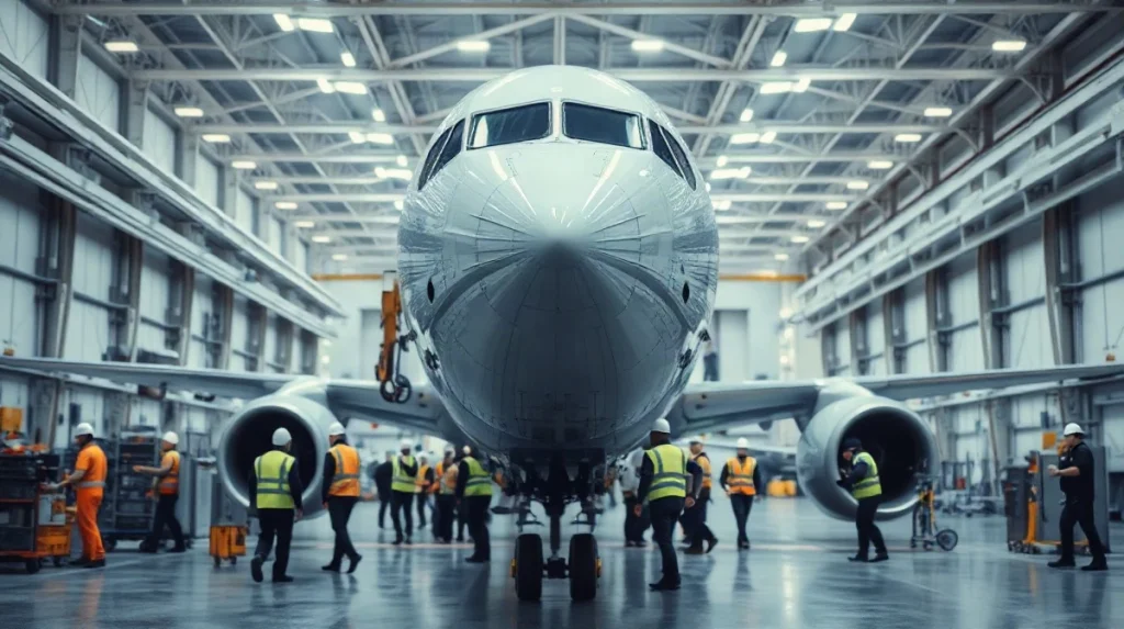 Boeing 737 Max airframe under assembly inside a manufacturing hangar with workers nearby