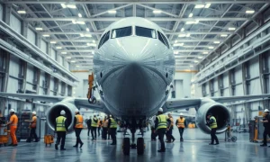 Boeing 737 Max airframe under assembly inside a manufacturing hangar with workers nearby